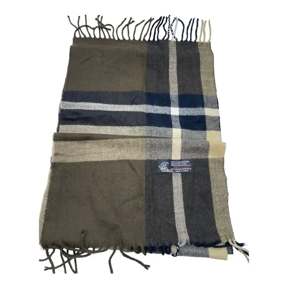 Italy Design Soft Cashmere Viscose Blend Plaid Fringed Scarf Brown Black Beige